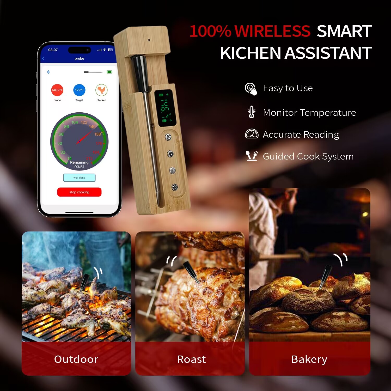 Bluetooth Outdoor Cooking Thermometer Smart Wireless Meat Thermometer(图7)